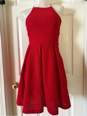 TWIK Simons Red Ribbed Halter Skater Dress Pleated Cutout Hem Sz XS